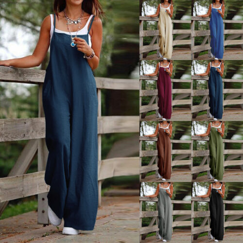 Women Cotton Linen Jumpsuit Overall Ladies Summer Casual Loose Wide Legs Rompers