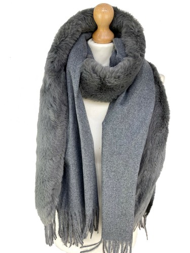 New Women Winter Heavy Weight Plain Scarf with Faux Fur Collar Shawl Wrap Poncho - Picture 10 of 10