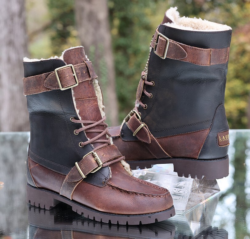 Ralph Lauren Zacha Shearling Leather Combat Boots Brown Roll Over