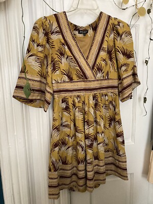 betsey johnson boho dress Betsey Johnson Boho Black Paisley Long Sleeve V-Neck Dress Teal & Gold Size  4