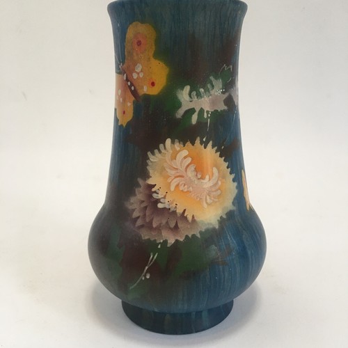 Butterfly Hand Painted Vase Glass 7" Signed England Blue Flower Floral Vintage - Picture 2 of 24