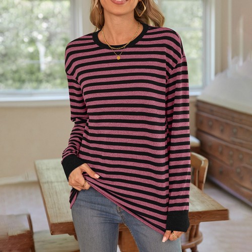 Women Fashion Casual Autumn And Winter Round Neck T Shirt Striped Long Sleeve - Picture 37 of 39