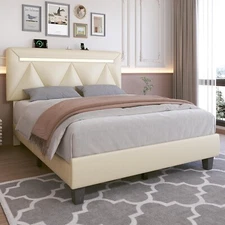 Full Queen King Size Bed Frame with Bluetooth Speaker and Adjustable Headboard