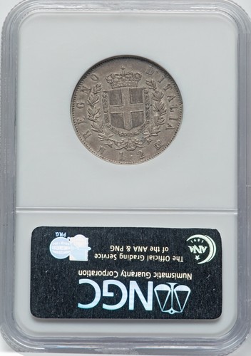 ITALY KINGDOM 1863-N-BN 2 LIRE COIN, ALMOST UNCIRCULATED, NGC CERTIFIED AU53 - Picture 2 of 2