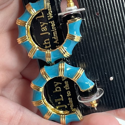 Kenneth Jay Lane Enameled Bamboo Earrings Pierced Ears Gold Tone Blue Teal KJL - Picture 5 of 5