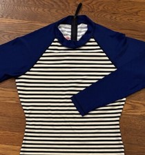J. Crew Rashgaurd Blue White Striped Long Sleeve Zip Back Womens Large UPF 50 