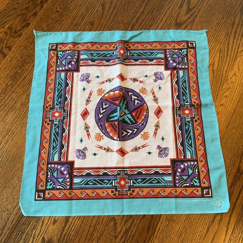 Vtg Wamcraft Bandana Southwest Aztec Teal Purple Black Rare Print Made In USA