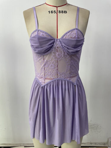 Purple Women Lace Lingerie Babydoll Sexy Nighty Dress Side Slit Sleepwear Size-M - Picture 4 of 7