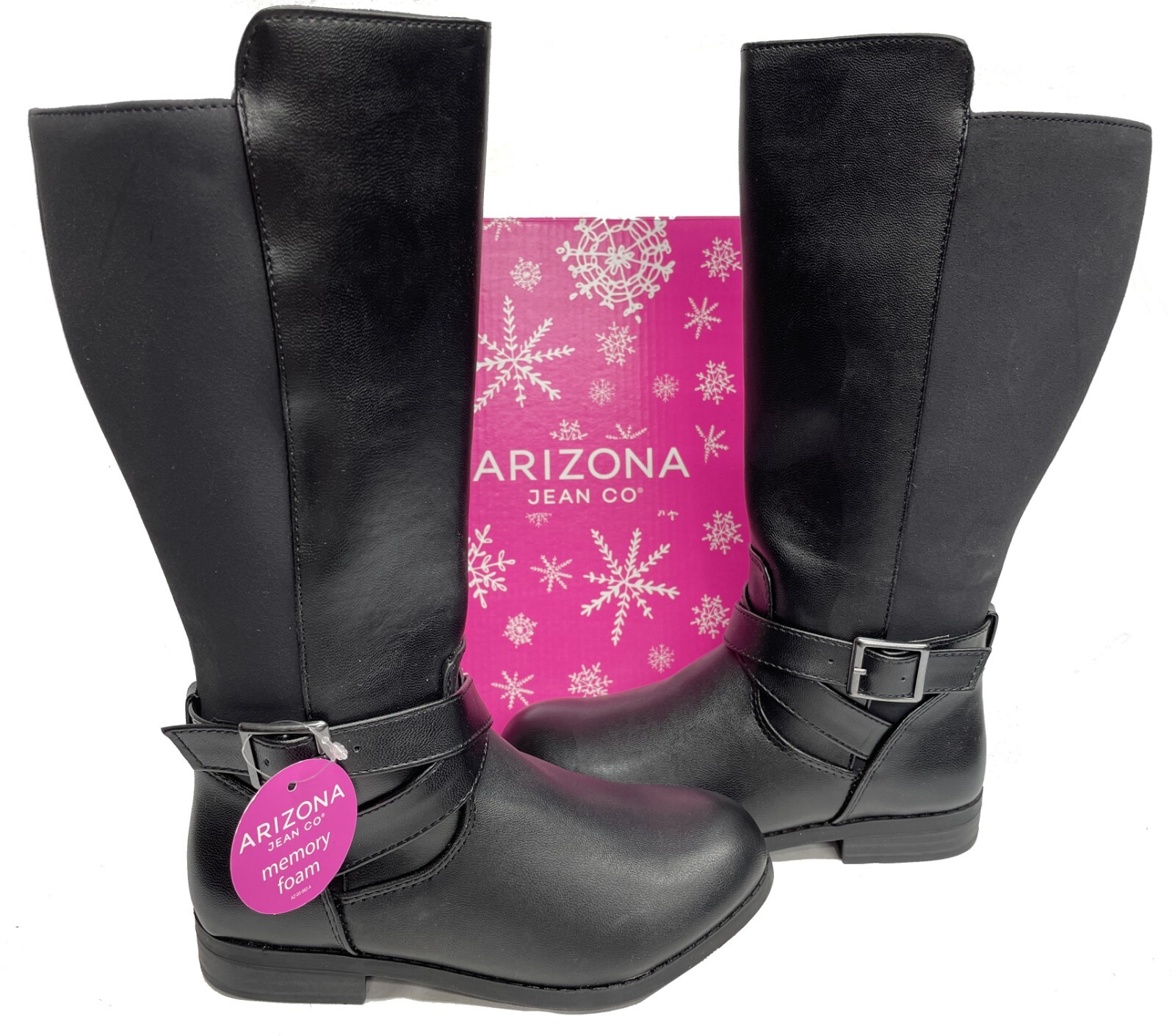 Arizona Samantha Black Faux Leather Tall Riding Buckle Zip Boots Girls 11 M NEW