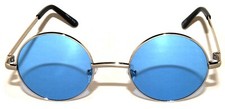 ROUND BLUE SMALL LENS SUNGLASSES HIPPIE RETRO METAL SILVER FRAME ONE PAIR