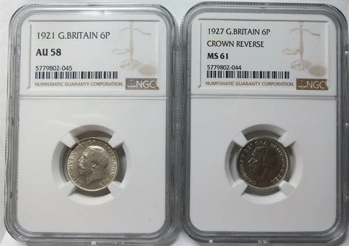 GREAT BRITAIN lot Sixpence 6 pence 1921 1927 NGC AU 58 MS 61 UNC Silver Crown