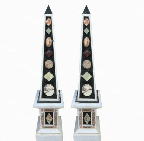 18" White Marble Top Obelisks Set Egyptions Pair Antique Custom Gifts Showpiece - Picture 3 of 6