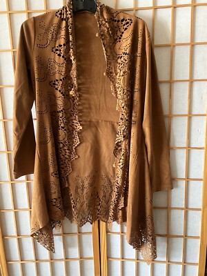Alberto Makali Camel Brown  Faux Suede Lazer  Cut out Cardigan  Size S Women s