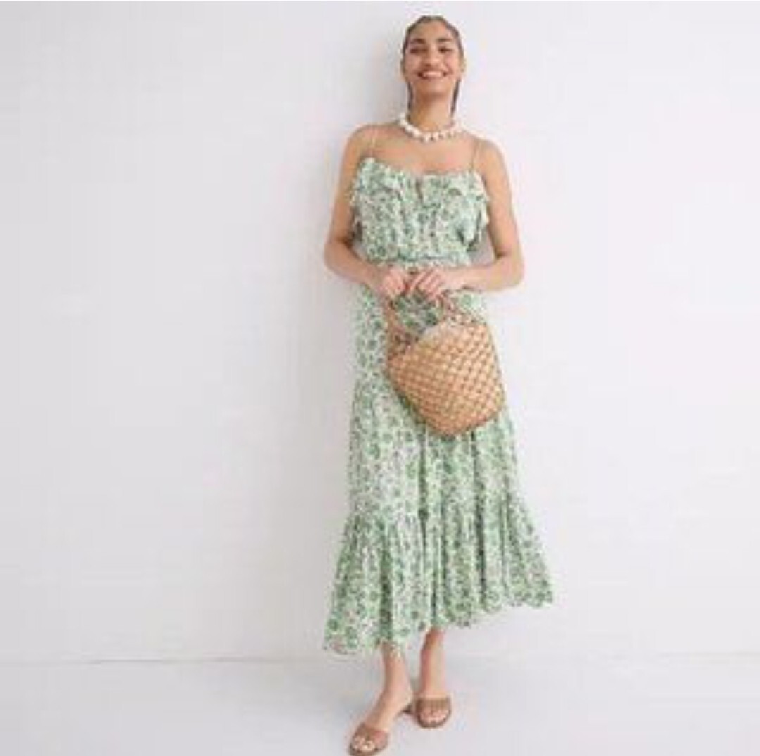 Crew NWT Tiered Floral Maxi Dress Green Medium