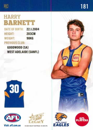 2023 West Coast Eagles AFL Select Legacy Rookie Card - Harry Barnett - Picture 2 of 3