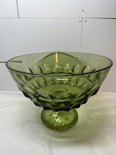Vintage Hazel Atlas Olive Green Thumbprint Reflection Compote Pedestal Bowl 10” - Picture 3 of 8