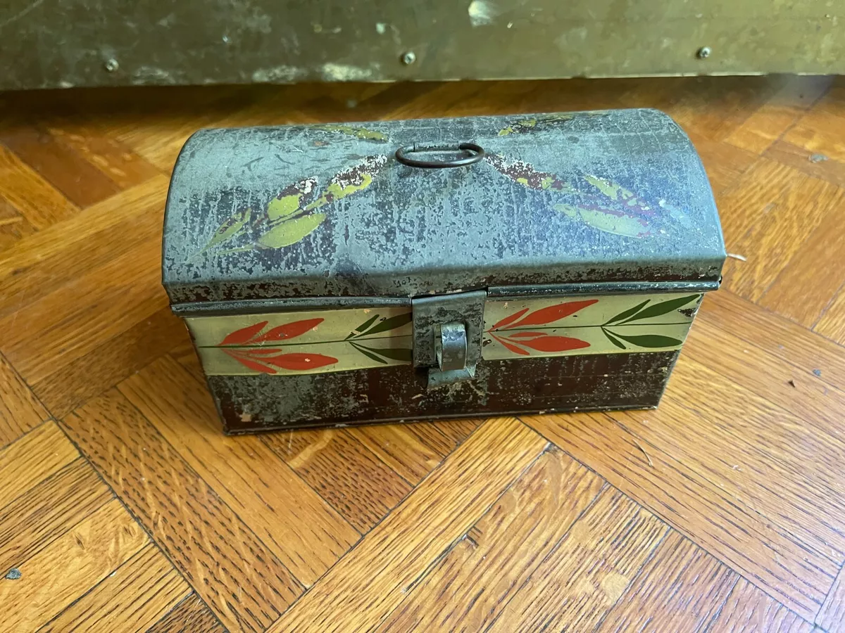 Antique 19th C Hand Painted Tin Box Tole Ware Good Latch Hinge