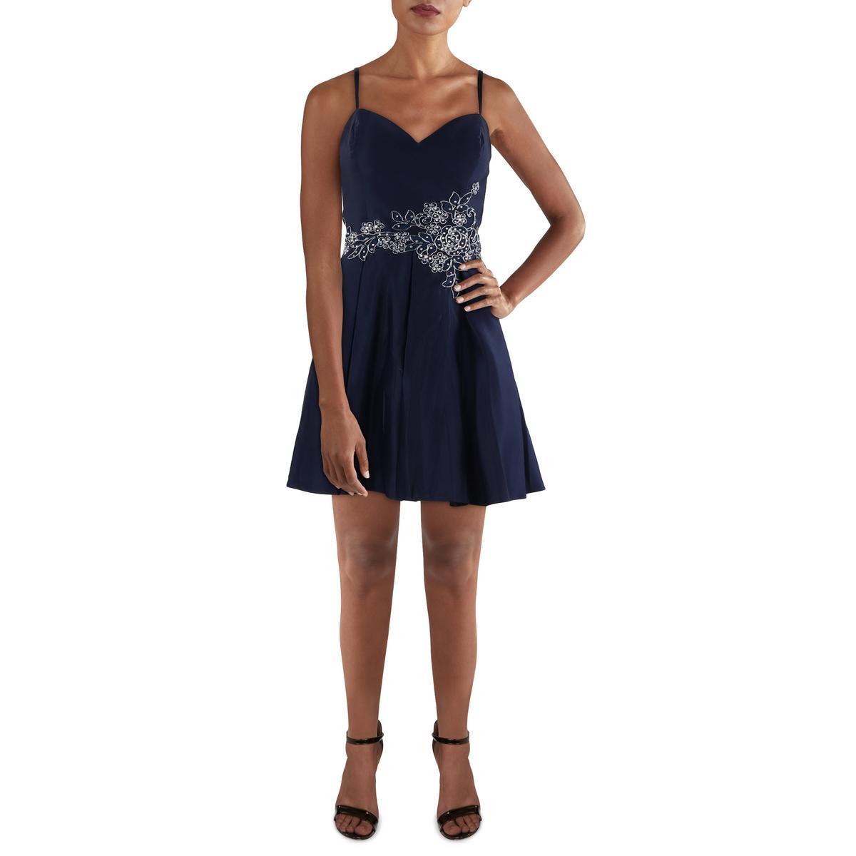 Женское темно-синее атласное мини-платье Blondie Nites Mini Fit & Flare для юниорок 13 BHFO 4603