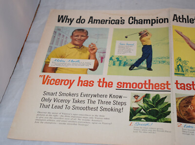 Viceroy Cigarettes 2 Page Print Ad Color Mickey Mantle Sam Snead  Advertising