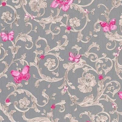 Barocco Fuchsia Silver Gray Pink Butterfly Versace Wallpaper