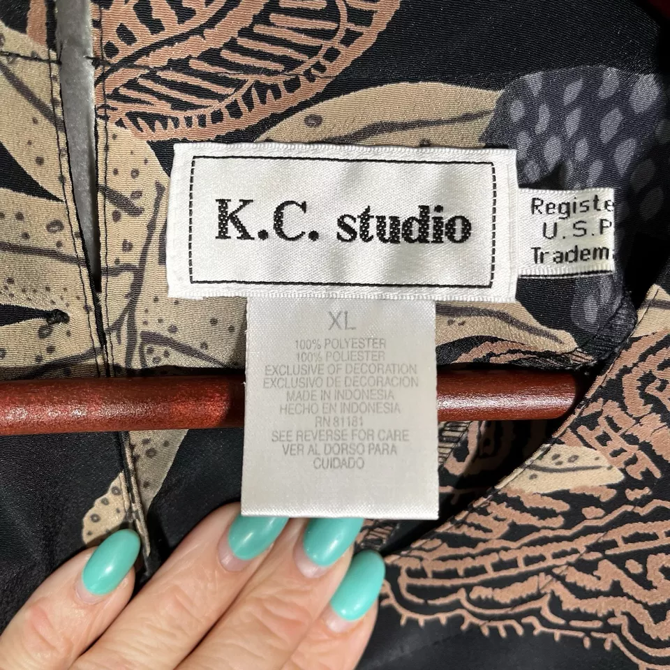 Kathy Che Black Brown Blue Tiger Floral Crew Neck Short Sleeve Tunic Blouse XL - Image 2 of 4