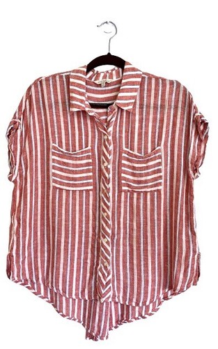 Lucky Brand Medium Red White Striped Button Down Crossover Back Top - Picture 1 of 5
