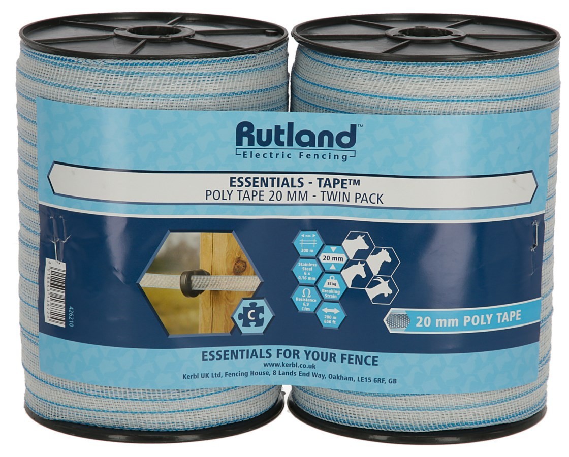 Rutland Electric Fence Poly Tape, White 20mm, twin pack 400m total, 426210