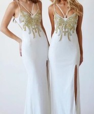 Dear Moon White Sequin Gold Butterfly Evening Gown Wedding Prom Dress Size 7