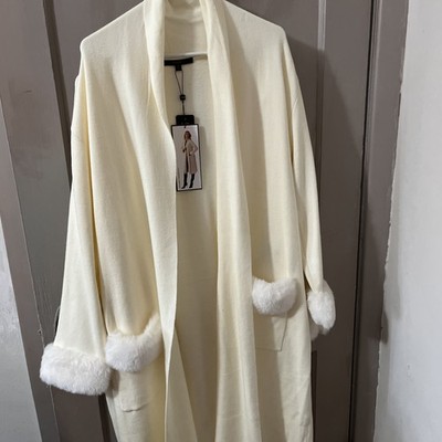 Max Sport Ivory Faux Fur Trim Long Cardigan Style. Size M