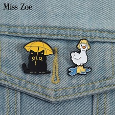 Playing in The Rain Enamel Pins Custom Cat Holding Umbrella Brooches Lapel Badge