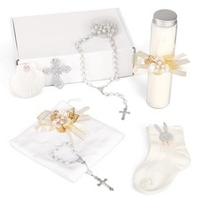 9 PCS Baptism Candle Set For Boy Girl Towel Socks Shell Rosary Cross Brooch