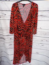 LADIES NEW LOOK RED MIX PATTERN 3/4 SLEEVED MIDI DRESS SIZE 18