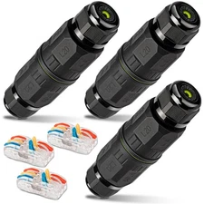 3-Pack Junction Box with 3 Pin Electrical Cable Connectors, IP68 Black 