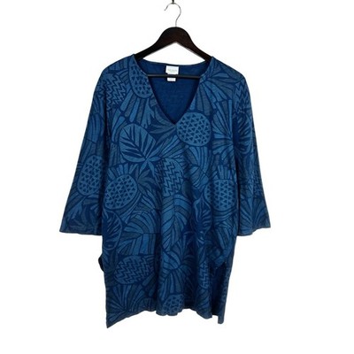 Sun Moda California 100% Cotton Tunic Top Women's Size XL Blue Pineapple Print