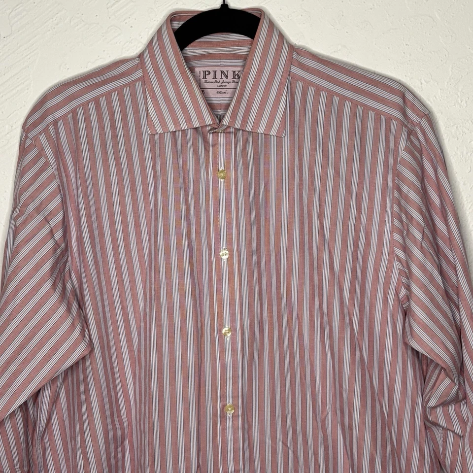 Thomas Pink Shirt Mens 16 36 Striped Red Blue French Cuff Superfine Two Fold - Image 3 of 4