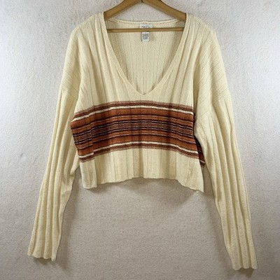 Rue 21 Womens Ribbed Knit Cropped Sweater Sz L Striped Indie Grunge Boho Y2K