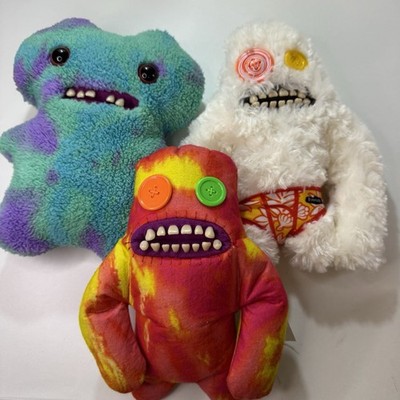 Lot of 3 Fuggler Uglydoll Plush Monsters Button Eyes Tie-Dye & Fuzzy Collectible