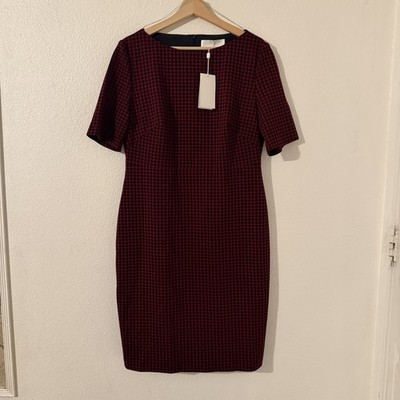 NWT BOSS Hugo Boss Dalula in Red Black Houndstooth Bateau Neck Sheath Dress 10