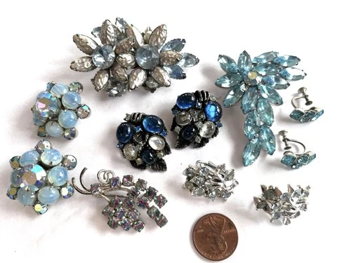 Vintage 60's Blue Rhinestone Costume Jewelry Lot, Brooches, Coro Earrings