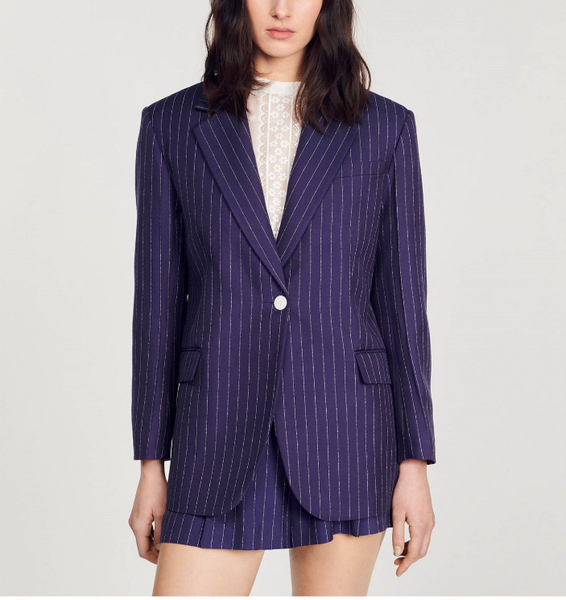 Sandro Blazer Blau Gestreift Viskose Gr. 34 Fr 36 Damen Jacke SFPVE00989-image