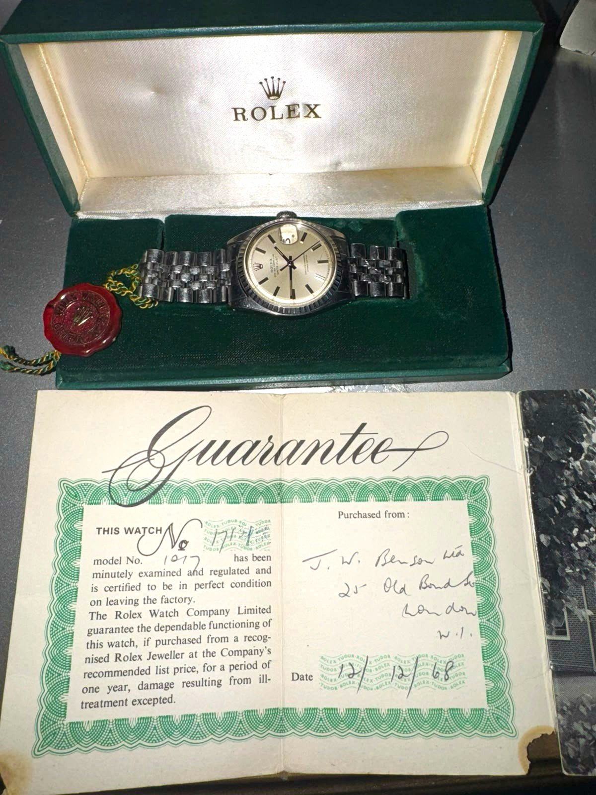 Vintage Rolex Datejust 1017 1968 36mm Box Papers Jubilee Bracelet