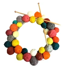 Yarn Ball Wreath With Wooden Knitting Needles Hand Made Fall Colors Door Décor