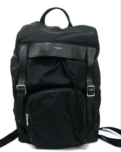 YSL Saint Laurent Drawstring Flap Backpack Bag Black Nylon Logo Women's Used
