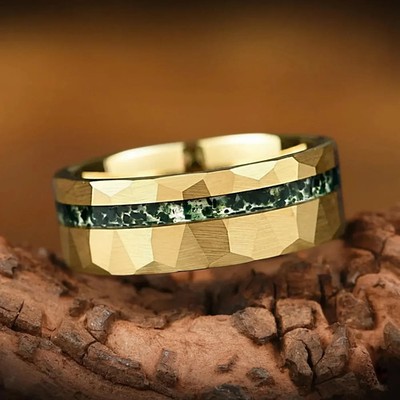 Gold Ehering / Verlobungsring für Herren - Moosachat & Opal Wolfram Versprechen Band