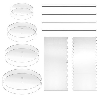14-Piece Acrylic Cake Plate Decorating Kit with 8 Round Discs, 2 Icing Scrape...