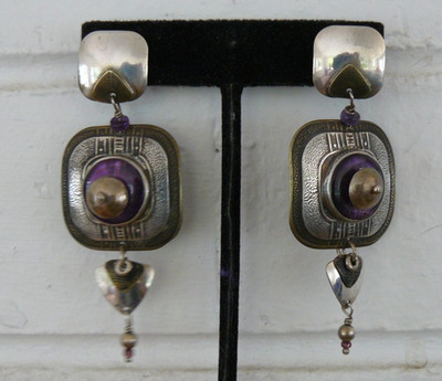 Vintage signed TABRA Sterling Silver, 14k Gold Posts -Gemstone Dangle Earrings