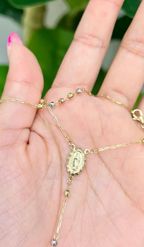 Collar Cadena Rosario Cruz Oro 14K Tri Color Rosario de Oro 2.5mm Foto 4 de 4