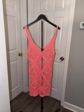 I Love H81 Coral Pink Crochet Diamond Mini Dress / Beach Cover-Up Boho Y2K Large