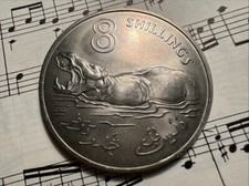 The GAMBIA 8 shillings 1970 KM7 Cu-Ni 1-yr type Hippopotamus TOP GRADE - SCARCE!