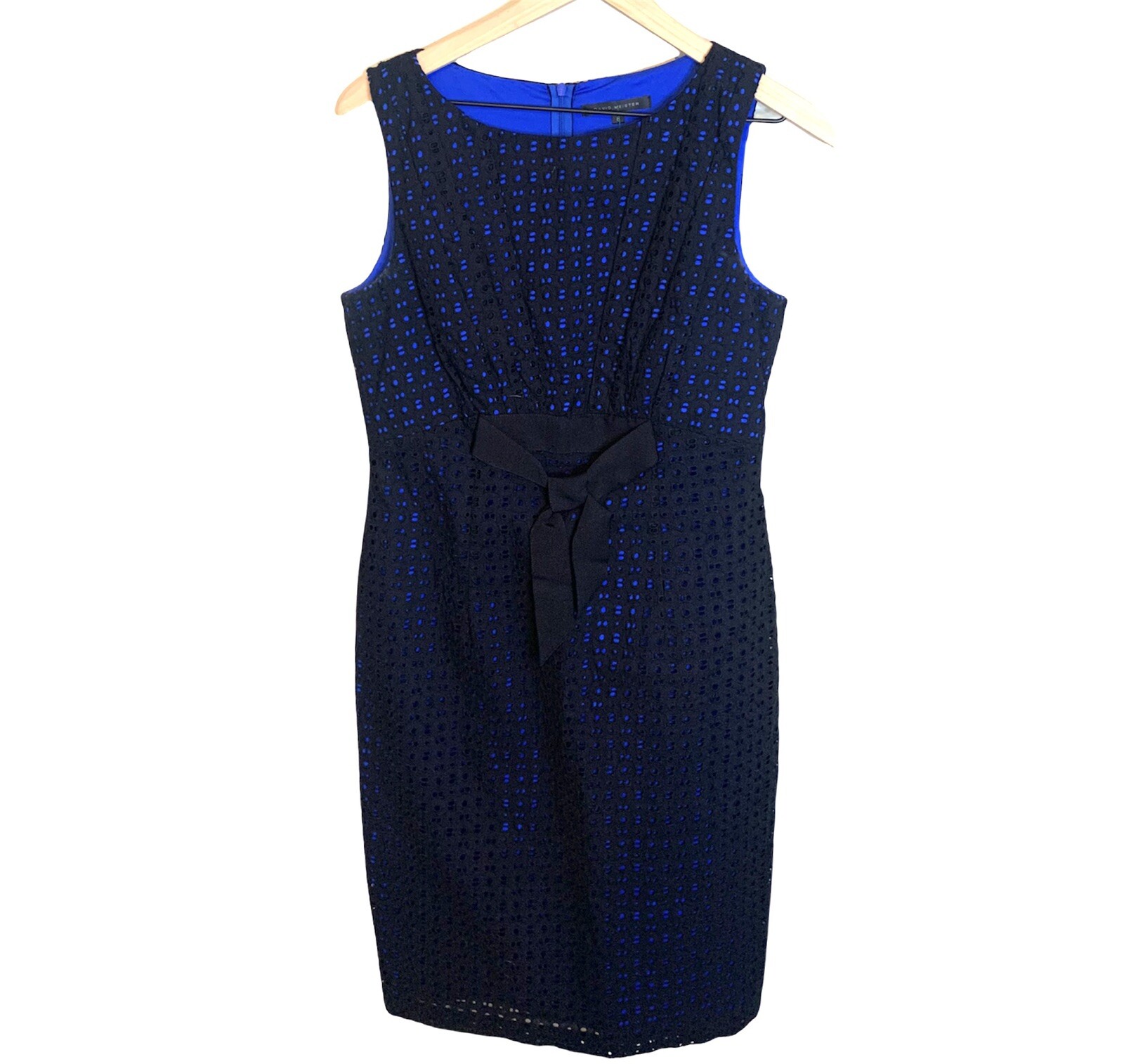 David Meister Womens Black And Blue Eyelet Sheath Dress Size 8 Cotton